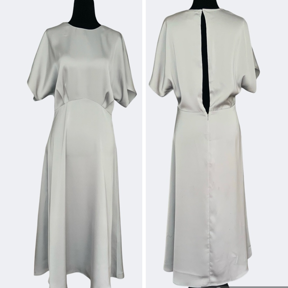 H&M Dusty Blue Satin Open Slit Back Drape Sleeve Midi Dress SZ S